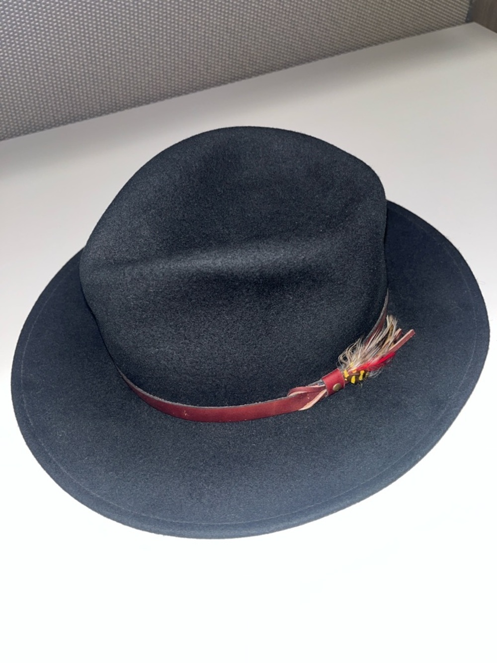 Dorfman Pacific Black Wool Felt Fedora with Burgundy Band and Feather Accent